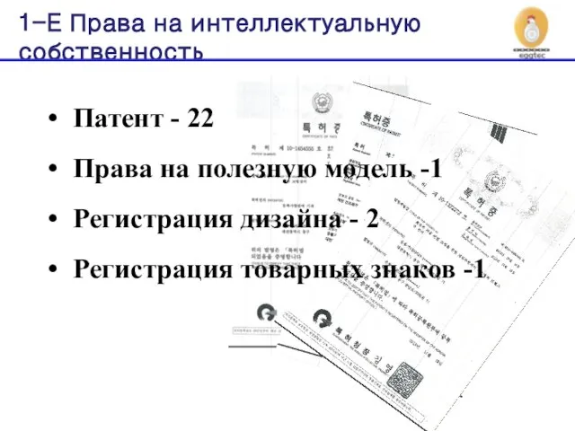 Патент - 22 Права на полезную модель -1 Регистрация дизайна -