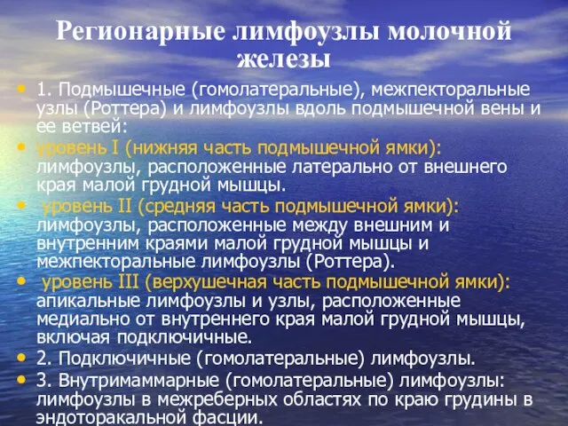 Регионарные лимфоузлы молочной железы 1. Подмышечные (гомолатеральные), межпекторальные узлы (Роттера) и