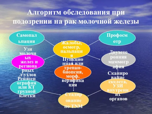 Алгоритм обследования при подозрении на рак молочной железы Самопальпация Профосмотр Жалобы,