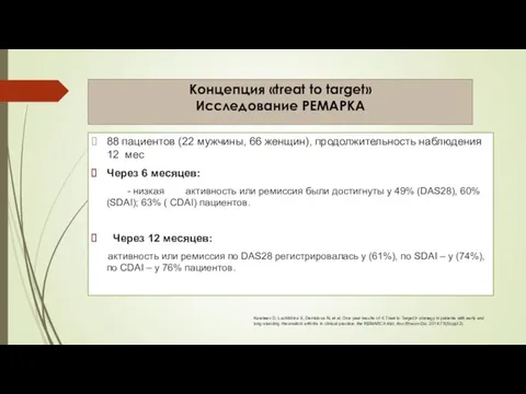 Концепция «treat to target» Исследование РЕМАРКА 88 пациентов (22 мужчины, 66