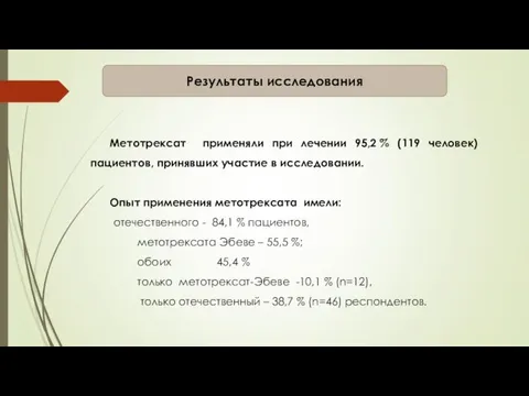 Метотрексат применяли при лечении 95,2 % (119 человек) пациентов, принявших участие