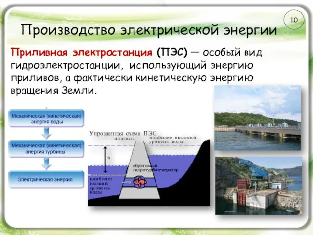 Производство электрической энергии Приливная электростанция (ПЭС) — особый вид гидроэлектростанции, использующий