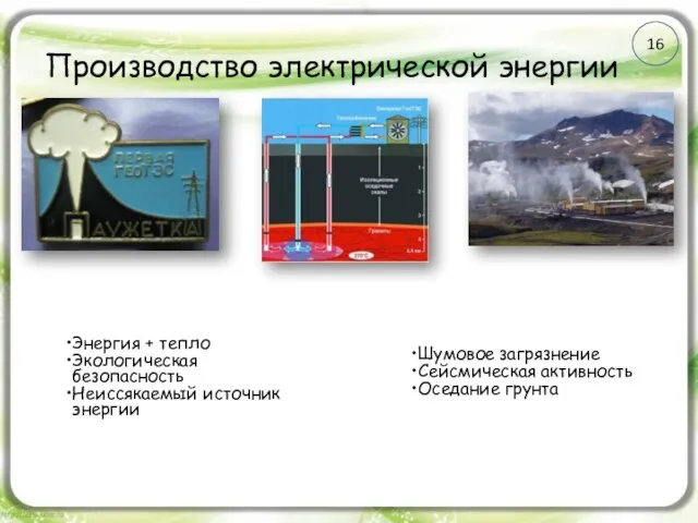 Производство электрической энергии Шумовое загрязнение Сейсмическая активность Оседание грунта Энергия +