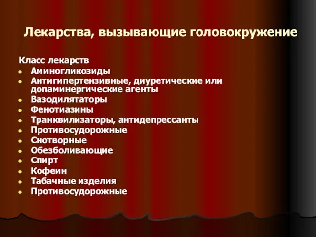 Лекарства, вызывающие головокружение Класс лекарств Аминогликозиды Антигипертензивные, диуретические или допаминергические агенты