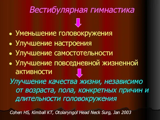 Вестибулярная гимнастика Уменьшение головокружения Улучшение настроения Улучшение самостотельности Улучшение повседневной жизненной