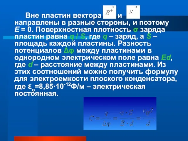 Вне пластин вектора и направлены в разные стороны, и поэтому E