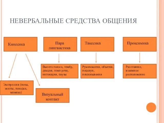 НЕВЕРБАЛЬНЫЕ СРЕДСТВА ОБЩЕНИЯ Кинесика Пара лингвистика Такесика Проксимика Экспрессия (позы, жесты,