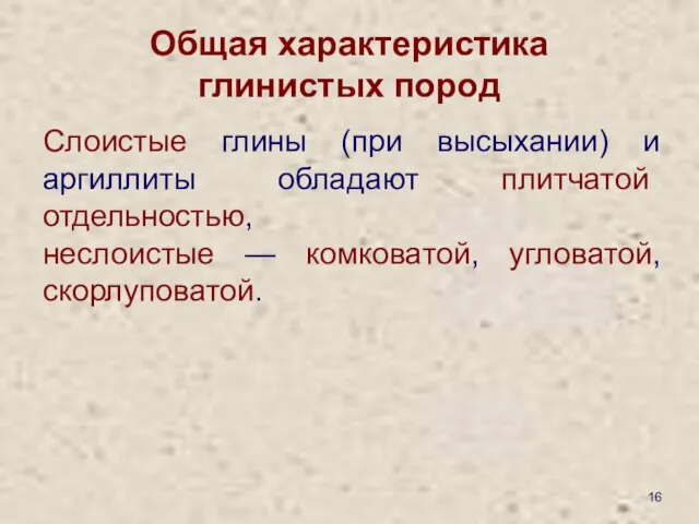 Общая характеристика глинистых пород Слоистые глины (при высыхании) и аргиллиты обладают