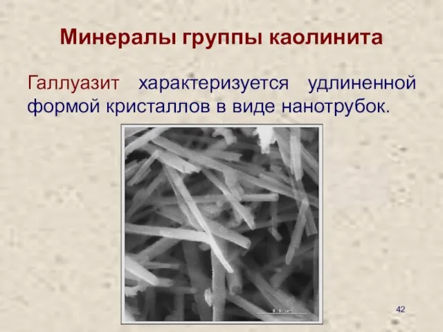 Минералы группы каолинита Галлуазит характеризуется удлиненной формой кристаллов в виде нанотрубок.