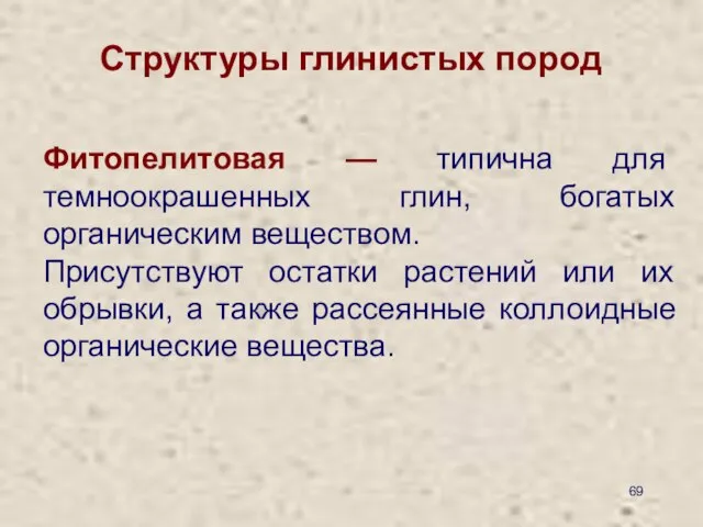 Структуры глинистых пород Фитопелитовая — типична для темноокрашенных глин, богатых органическим