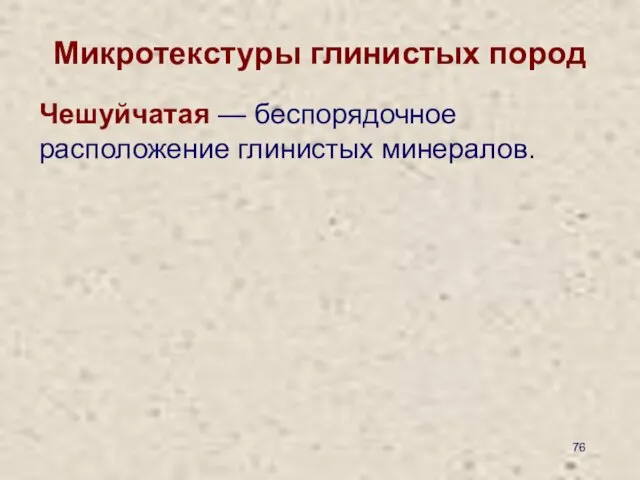 Микротекстуры глинистых пород Чешуйчатая — беспорядочное расположение глинистых минералов.