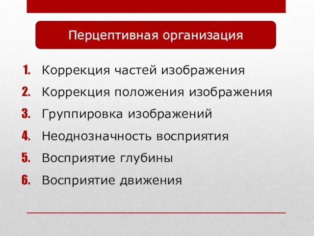 Перцептивная организация Коррекция частей изображения Коррекция положения изображения Группировка изображений Неоднозначность восприятия Восприятие глубины Восприятие движения