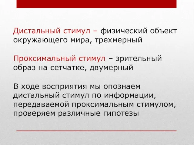 Дистальный стимул – физический объект окружающего мира, трехмерный Проксимальный стимул –