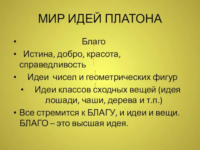 МИР ИДЕЙ ПЛАТОНА Благо Истина, добро, красота, справедливость Идеи чисел и