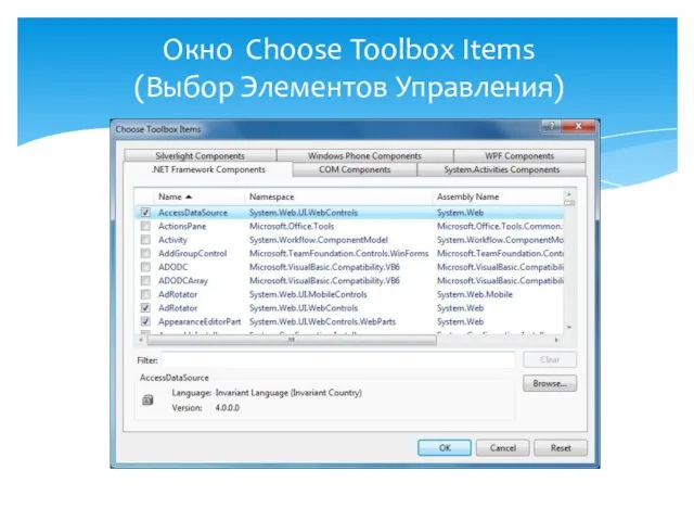 Окно Choose Toolbox Items (Выбор Элементов Управления)