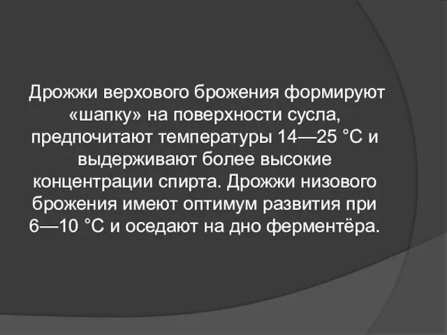 Дрожжи верхового брожения формируют «шапку» на поверхности сусла, предпочитают температуры 14—25