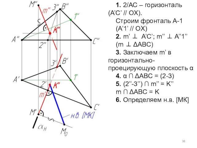 1. 2/АС – горизонталь (A’C’ // OX). Строим фронталь А-1 (А’1’