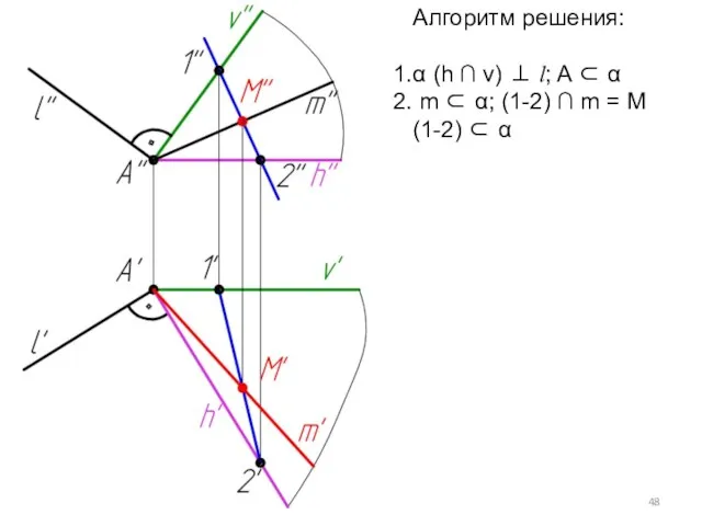 Алгоритм решения: α (h ∩ v) ⊥ l; A ⊂ α