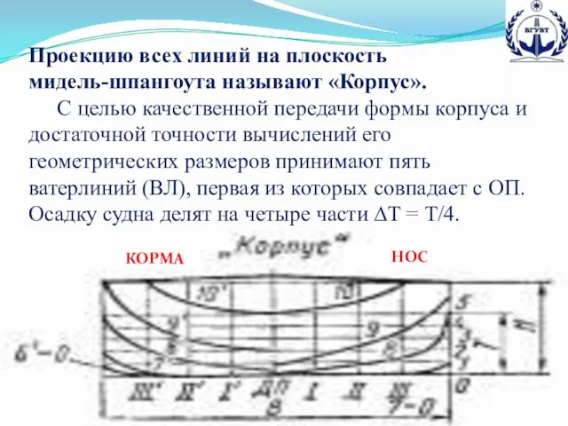 Проекцию всех линий на плоскость мидель-шпангоута называют «Корпус». С целью качественной