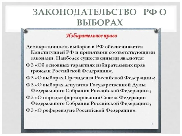 ЗАКОНОДАТЕЛЬСТВО РФ О ВЫБОРАХ