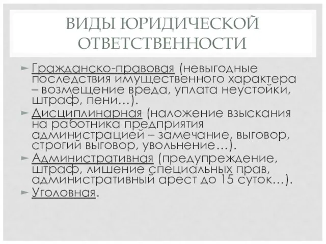 ВИДЫ ЮРИДИЧЕСКОЙ ОТВЕТСТВЕННОСТИ Гражданско-правовая (невыгодные последствия имущественного характера – возмещение вреда,