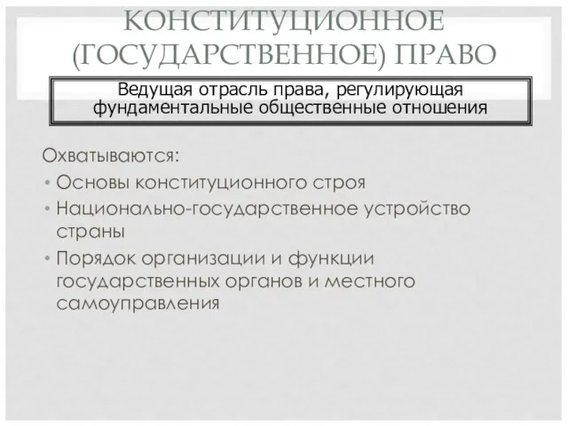 КОНСТИТУЦИОННОЕ (ГОСУДАРСТВЕННОЕ) ПРАВО Охватываются: Основы конституционного строя Национально-государственное устройство страны Порядок