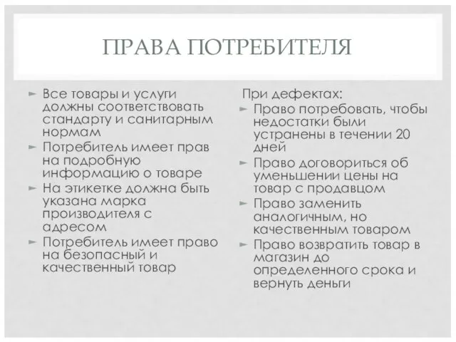 ПРАВА ПОТРЕБИТЕЛЯ Все товары и услуги должны соответствовать стандарту и санитарным