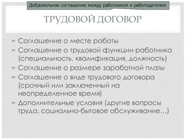 ТРУДОВОЙ ДОГОВОР Соглашение о месте работы Соглашение о трудовой функции работника