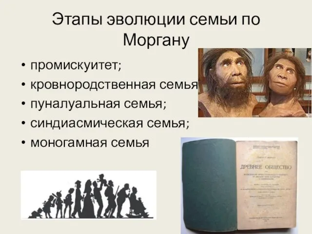 Этапы эволюции семьи по Моргану промискуитет; кровнородственная семья; пуналуальная семья; синдиасмическая семья; моногамная семья