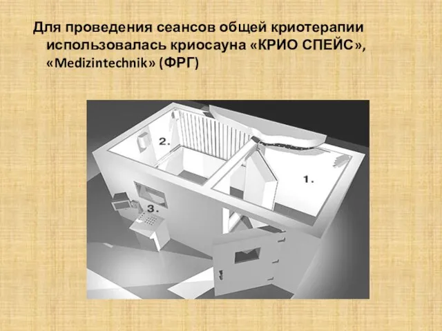 Для проведения сеансов общей криотерапии использовалась криосауна «КРИО СПЕЙС», «Medizintechnik» (ФРГ)