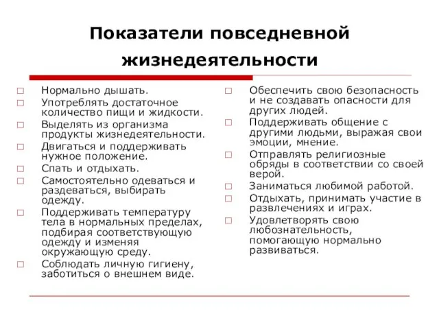 Показатели повседневной жизнедеятельности Нормально дышать. Употреблять достаточное количество пищи и жидкости.