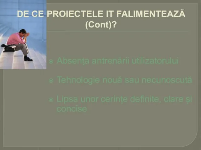 Absența antrenării utilizatorului Tehnologie nouă sau necunoscută Lipsa unor cerințe definite,