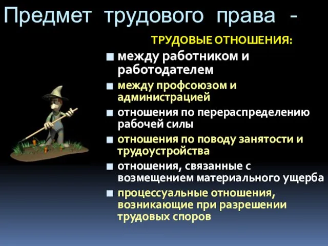 Предмет трудового права - ТРУДОВЫЕ ОТНОШЕНИЯ: между работником и работодателем между