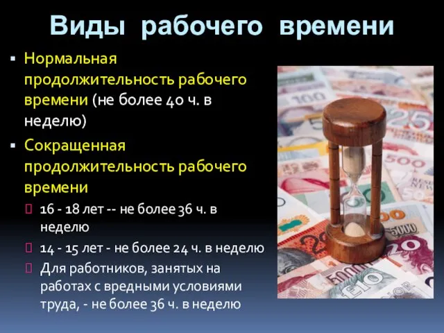 Виды рабочего времени Нормальная продолжительность рабочего времени (не более 40 ч.