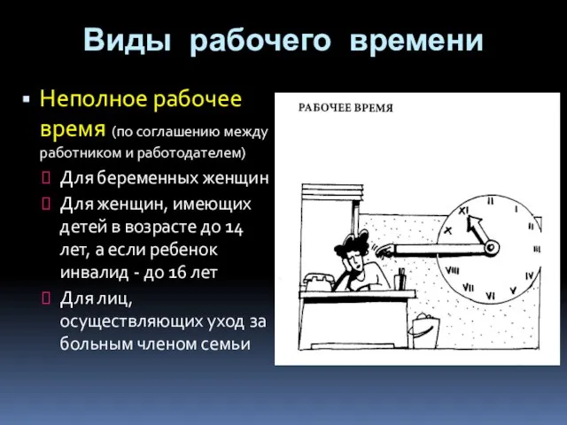 Виды рабочего времени Неполное рабочее время (по соглашению между работником и