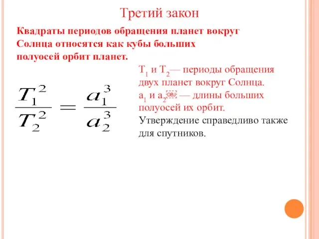 Квадраты периодов обращения планет вокруг Солнца относятся как кубы больших полуосей