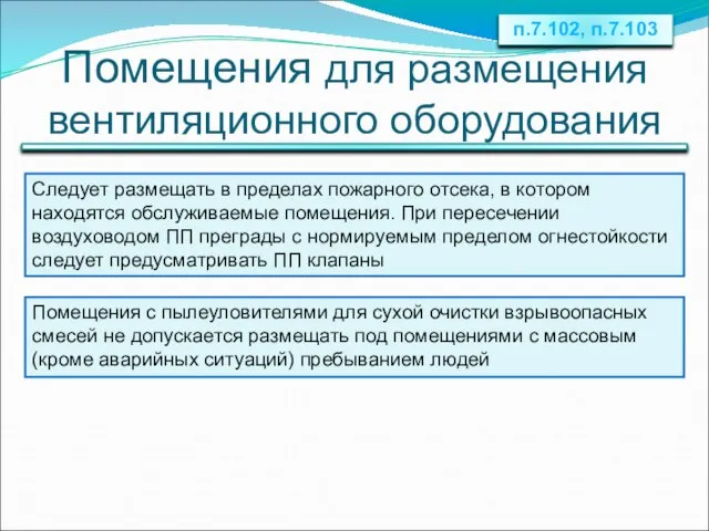 Помещения для размещения вентиляционного оборудования Следует размещать в пределах пожарного отсека,