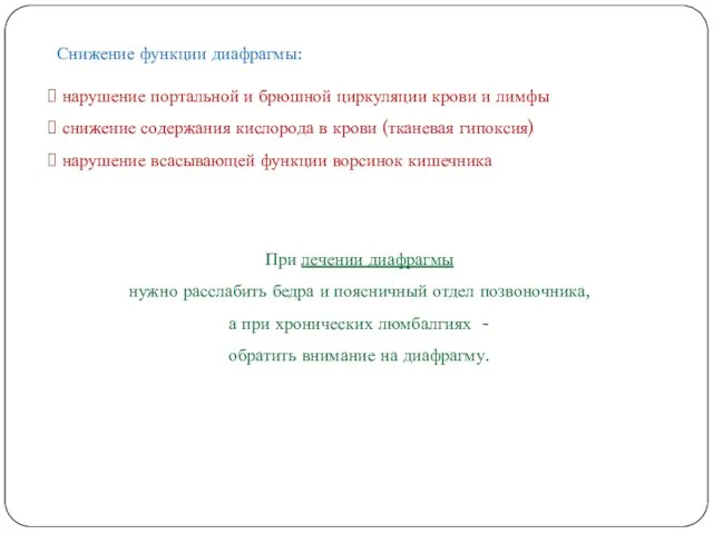 Снижение функции диафрагмы: нарушение портальной и брюшной циркуляции крови и лимфы