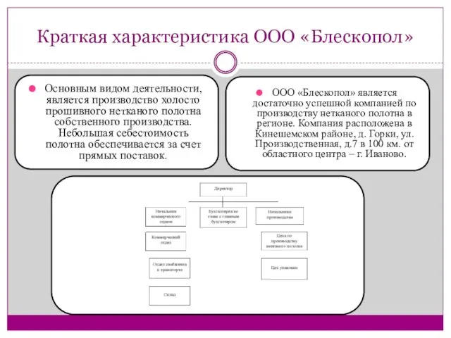 Краткая характеристика ООО «Блескопол» Основным видом деятельности, является производство холосто прошивного