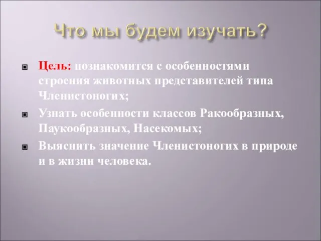 Цель: познакомится с особенностями строения животных представителей типа Членистоногих; Узнать особенности