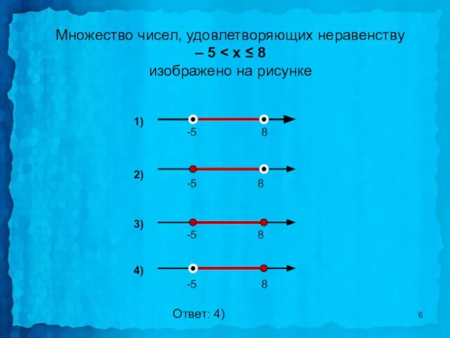 Множество чисел, удовлетворяющих неравенству – 5 изображено на рисунке Ответ: 4)