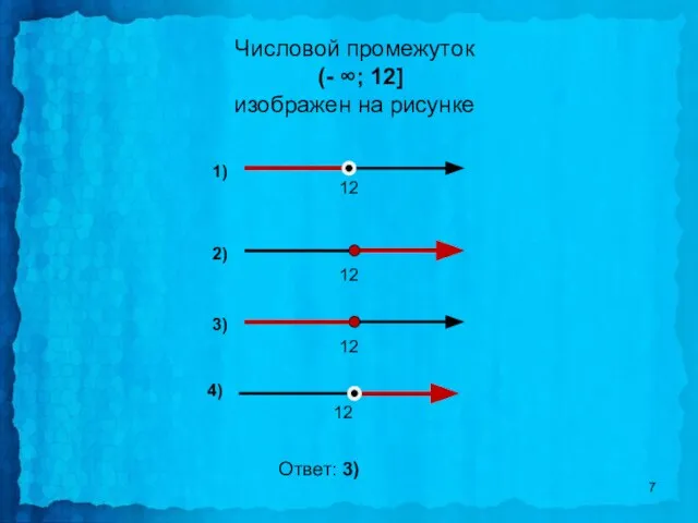 Числовой промежуток (- ∞; 12] изображен на рисунке 12 Ответ: 3)