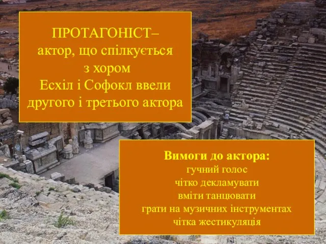 ПРОТАГОНІСТ– актор, що спілкується з хором Есхіл і Софокл ввели другого