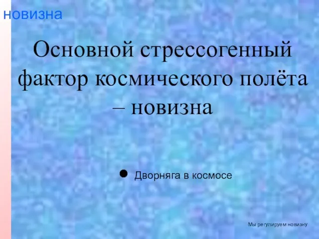 новизна Основной стрессогенный фактор космического полёта – новизна Дворняга в космосе Мы регулируем новизну