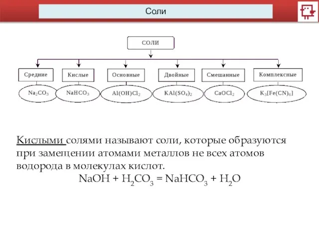 Кислыми солями называют соли, которые образуются при замещении атомами металлов не