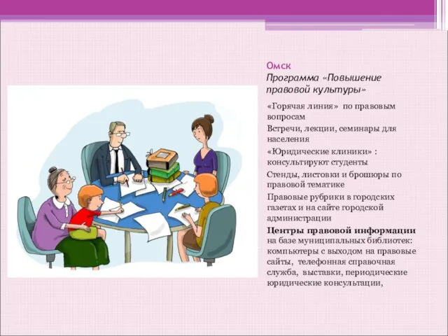 Омск Программа «Повышение правовой культуры» «Горячая линия» по правовым вопросам Встречи,