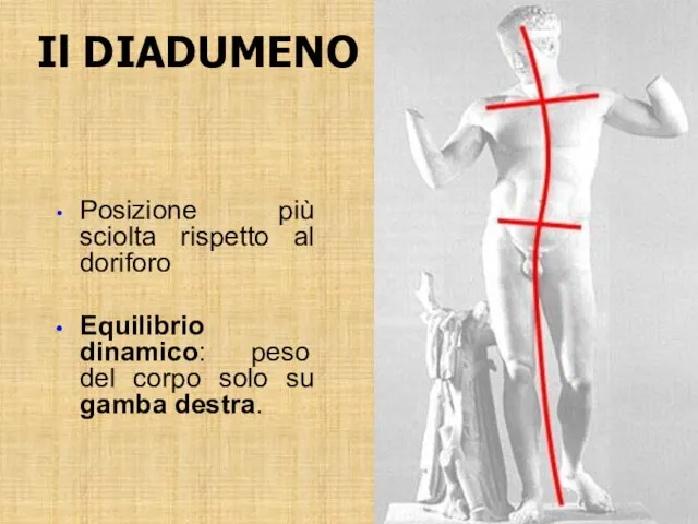 Il DIADUMENO Posizione più sciolta rispetto al doriforo Equilibrio dinamico: peso