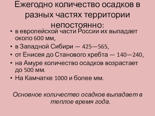 Ежегодно количество осадков в разных частях территории непостоянно: в европейской части