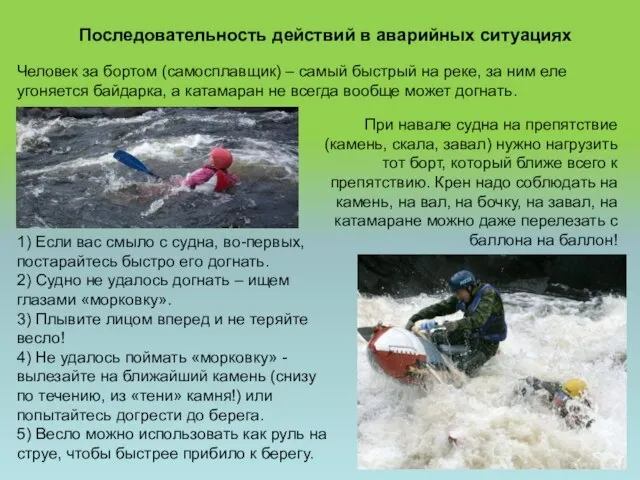 Последовательность действий в аварийных ситуациях Человек за бортом (самосплавщик) – самый