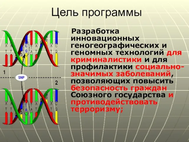 Цель программы Разработка инновационных геногеографических и геномных технологий для криминалистики и